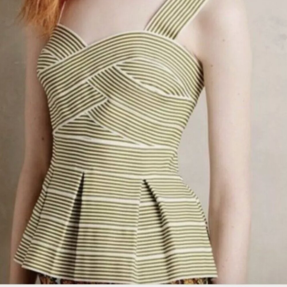 HD In Paris Anthropologie Sage White Striped Back Zip Peplum Top
